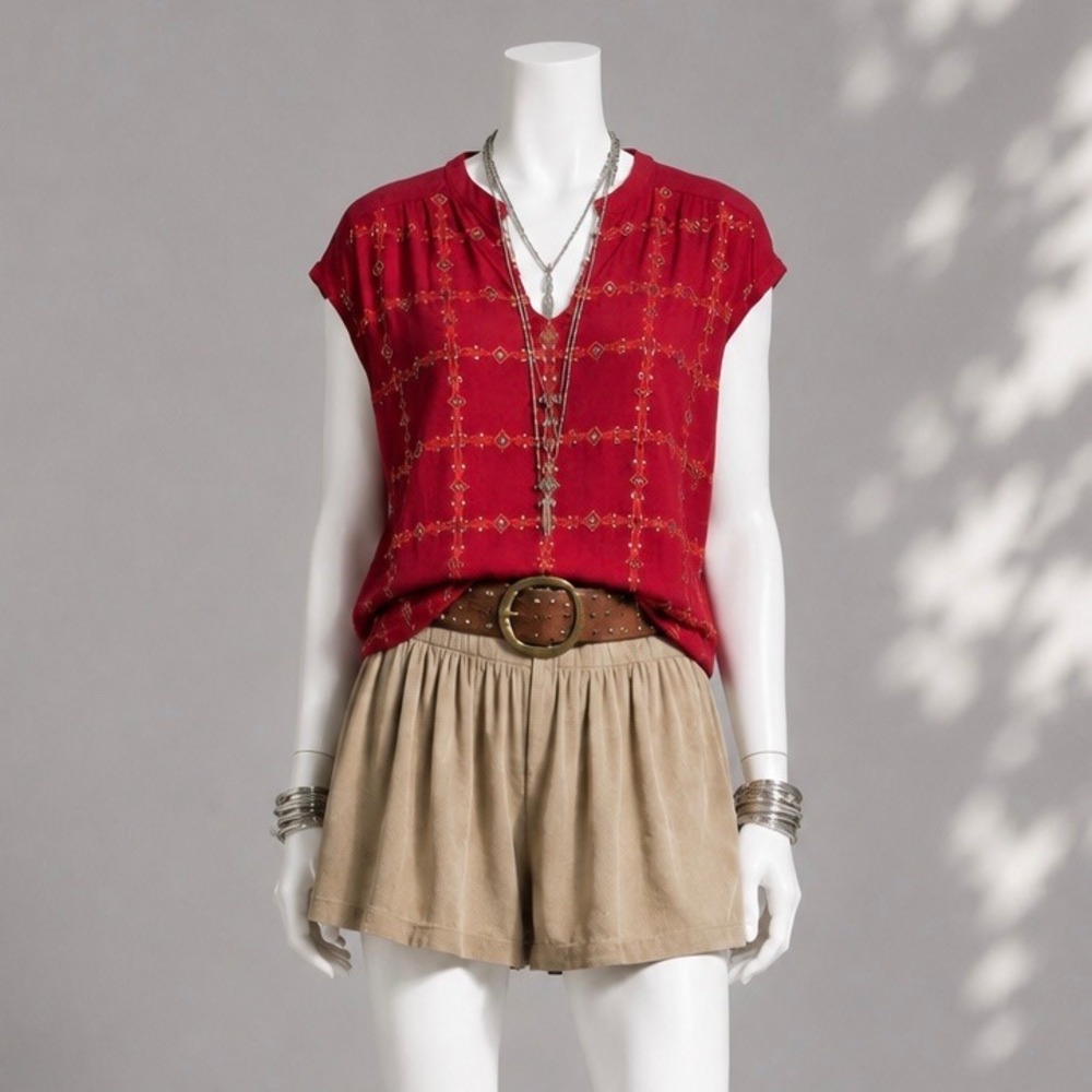 Lucky Brand Red Beaded Embroidered Top L Boho Festival Whimsigoth Blouse